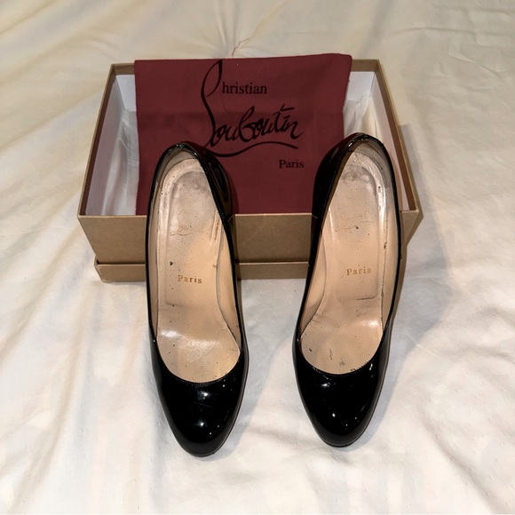 CHRISTIAN LOUBOUTIN BLACK PATENT LEATHER PLATFORM NEW SIMPLE PUMP 120 SZ 37 - Picture 3 of 16